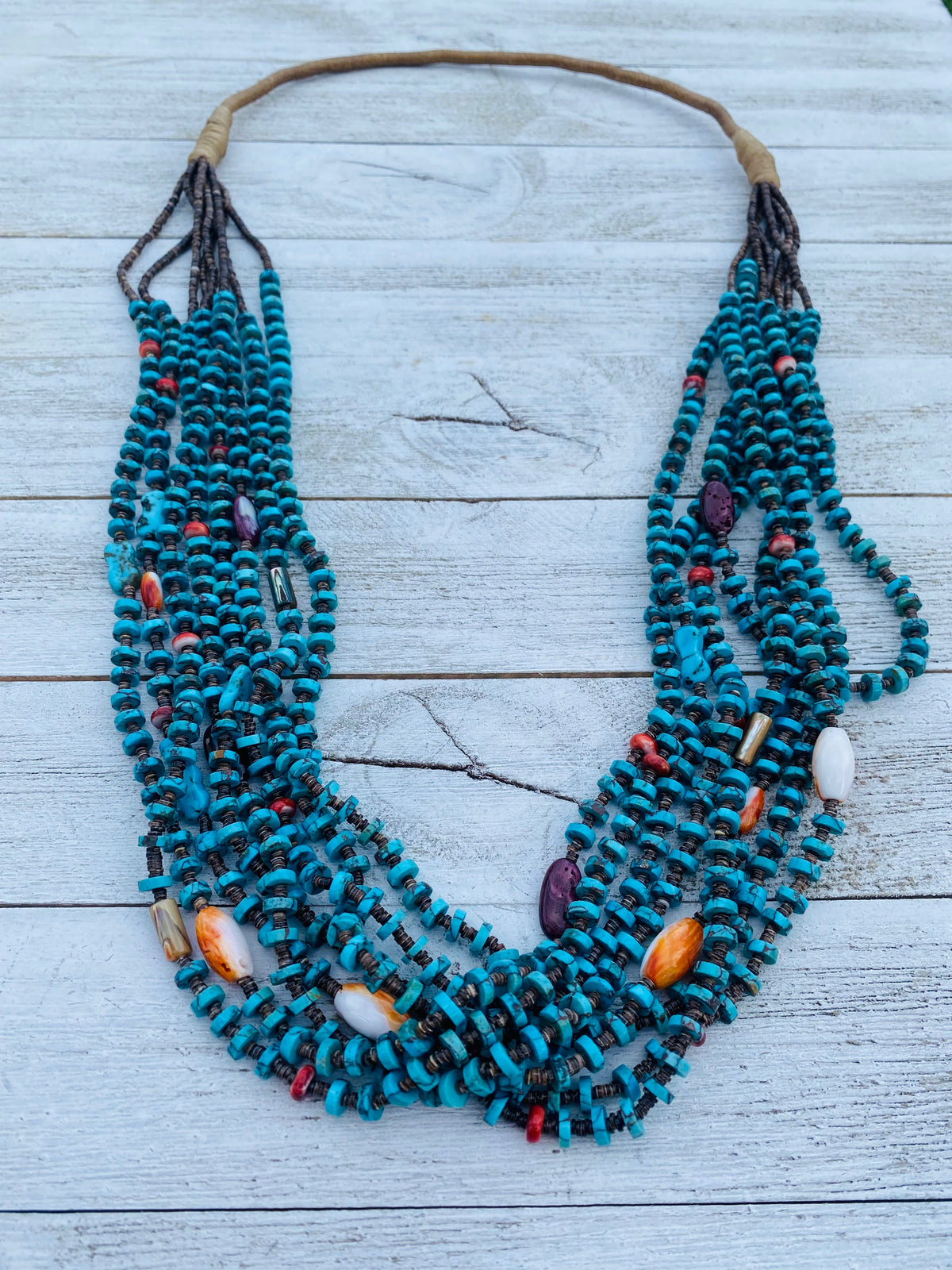 Handcrafted Turquoise, Spiny, Abalone & Heishi Eight Strand Beaded Necklace
