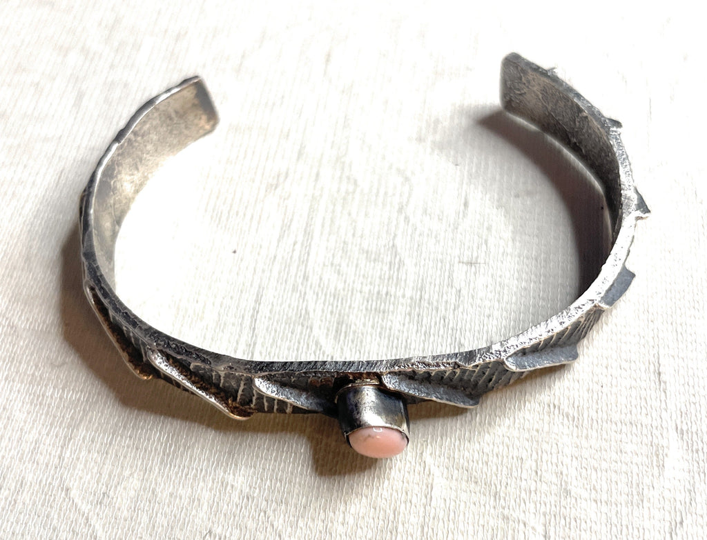 Handcrafted Pink Conch & Sterling Silver Tufa Cast Cuff Bracelet Signed