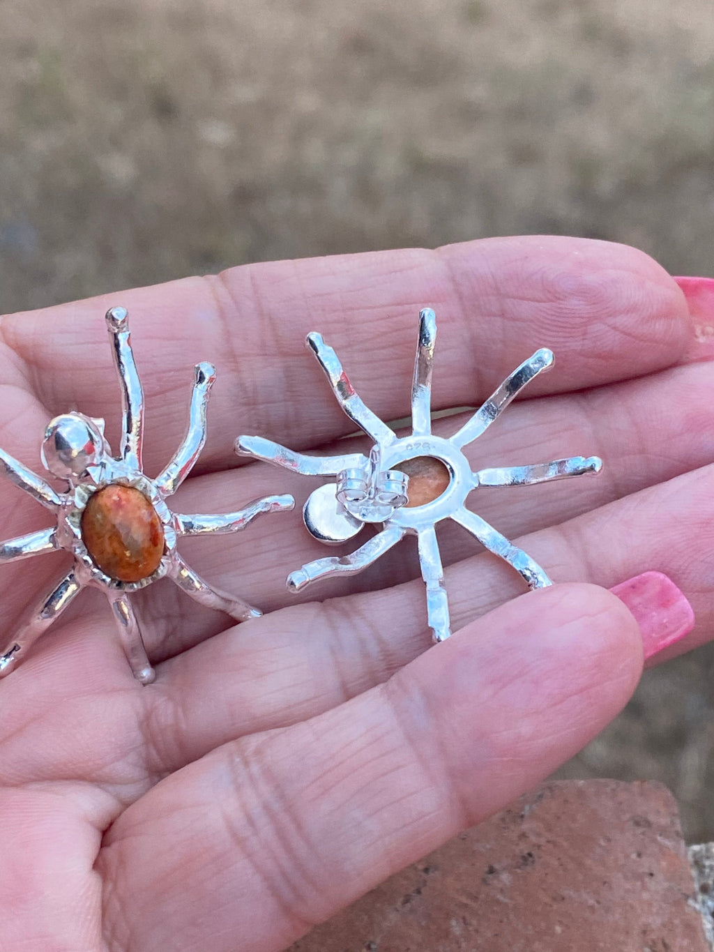 Natural Orange Mojave & Sterling Silver Spider Stud Earrings