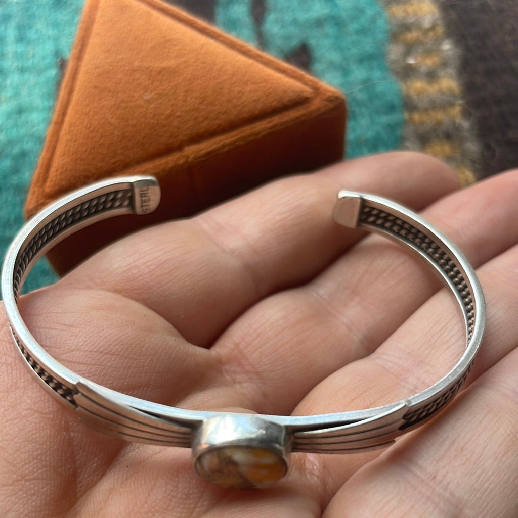 Handcrafted  Spice And Sterling Silver Single Stone Adjustable Cuff Bracelet