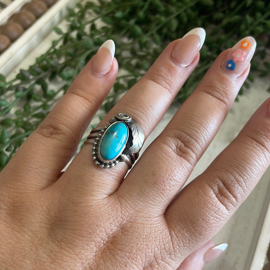 Handcrafted Turquoise & Sterling Silver Feather Ring Signed