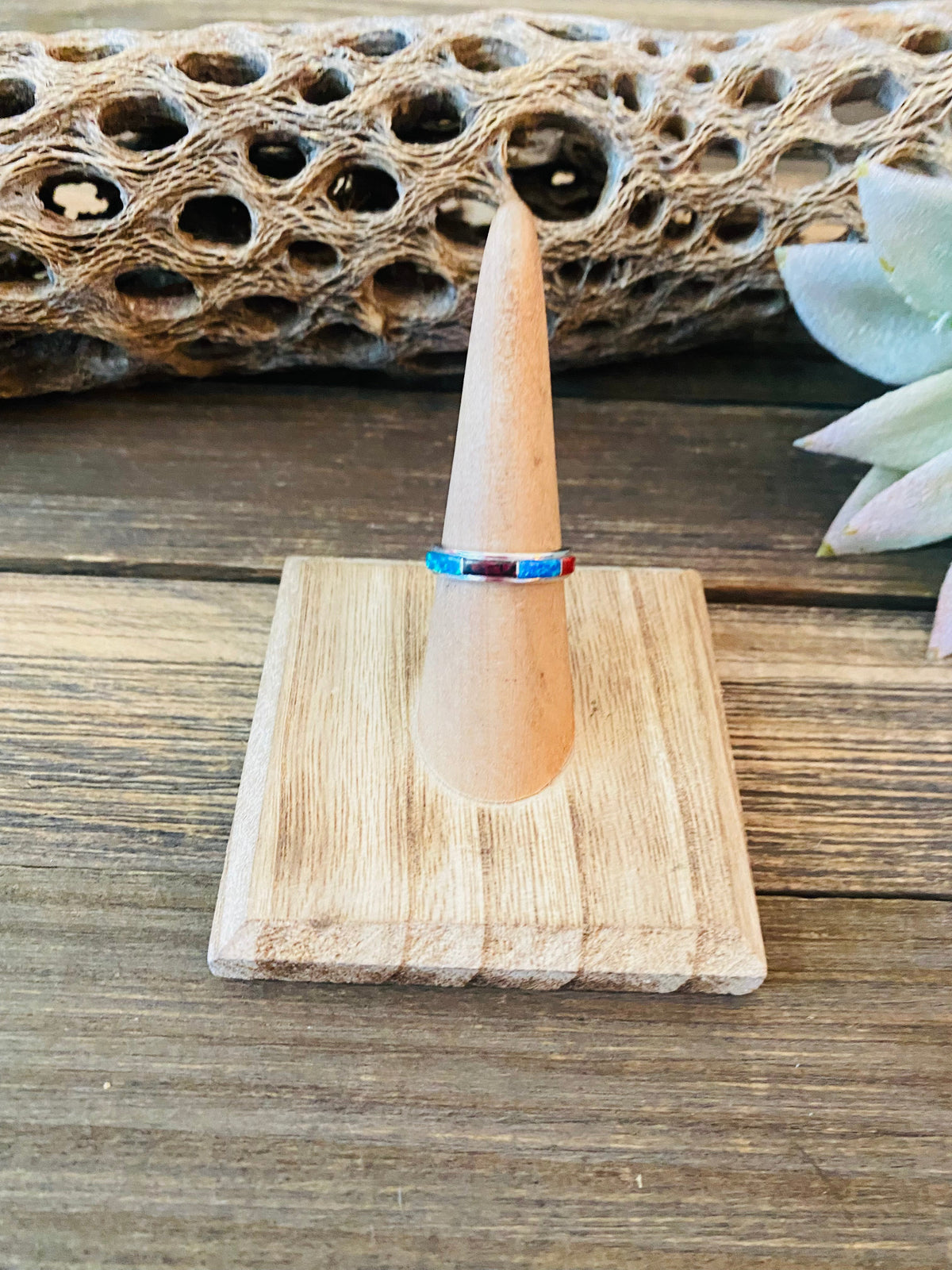Handcrafted Sterling Silver & Multicolor Opal Inlay Band Ring Size 5.75