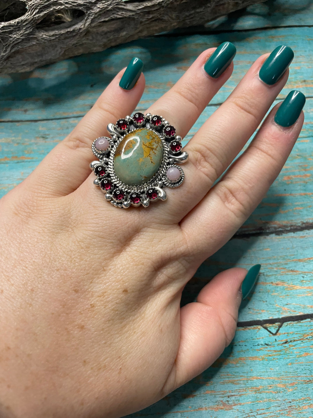 Handmade Royston Turquoise, Pink Opal, Red Opal Adjustable Oval Ring