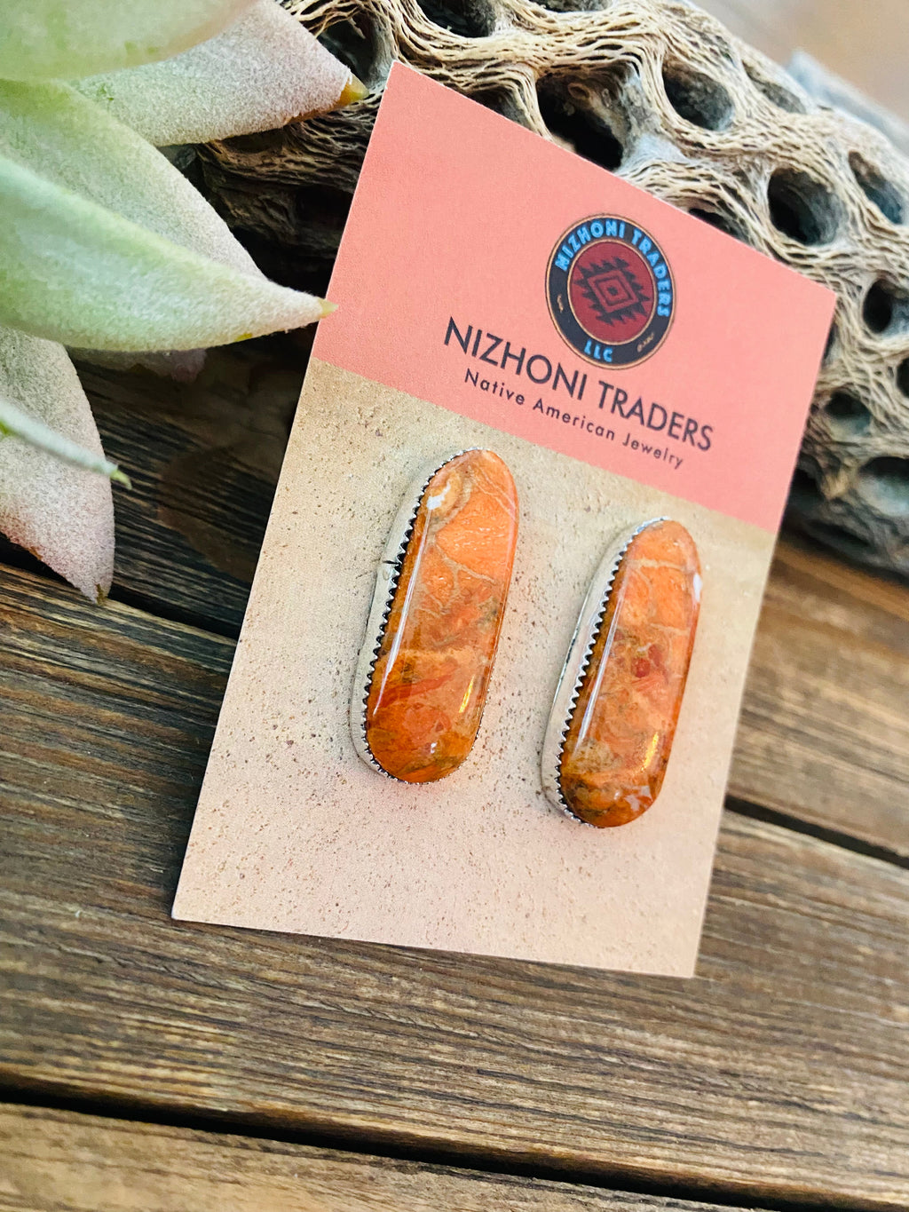 Handcrafted Sterling Silver & Orange Spiny Post Earrings 1.1/8”