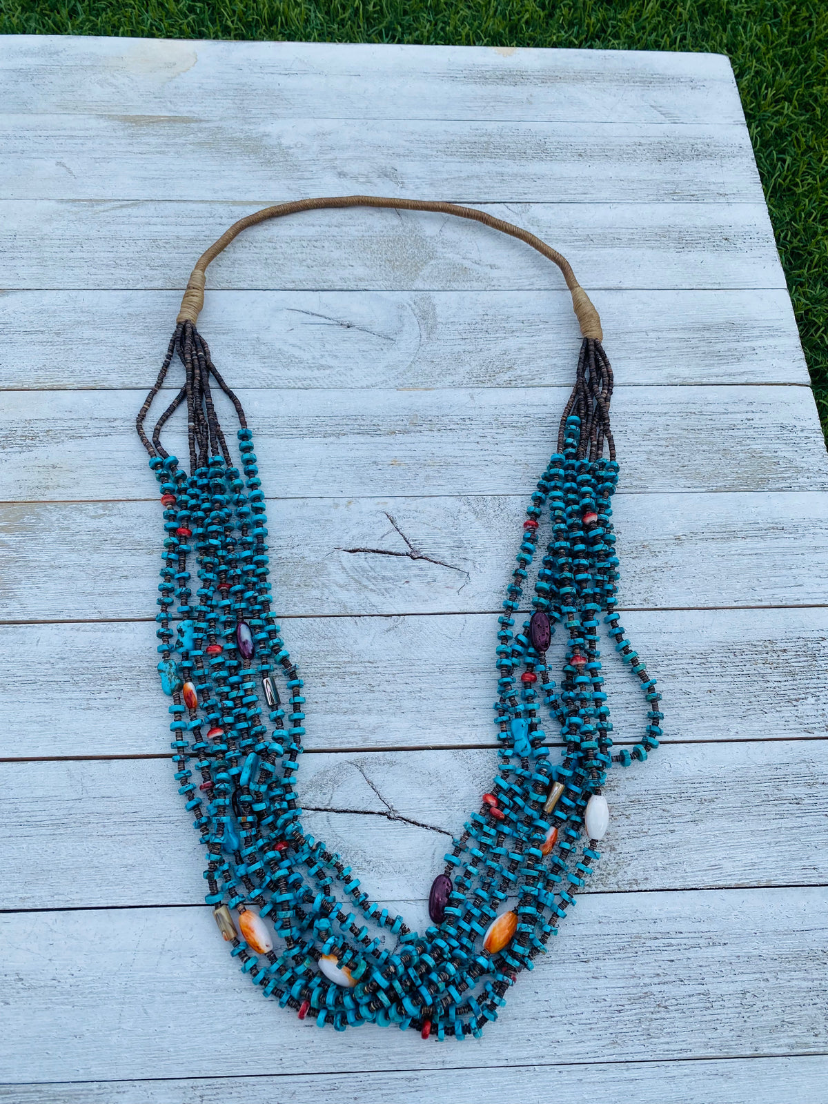 Handcrafted Turquoise, Spiny, Abalone & Heishi Eight Strand Beaded Necklace