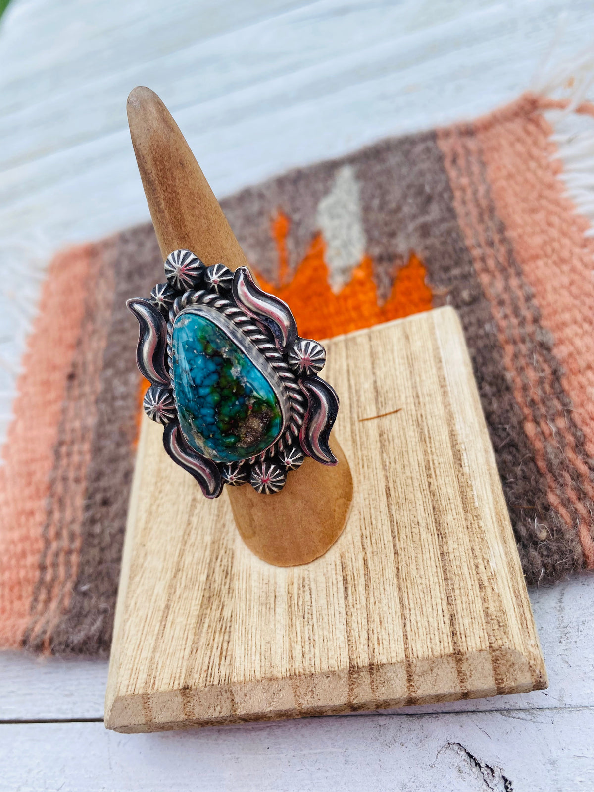 Handcrafted Kingman Web Turquoise & Sterling Silver Ring Size 6