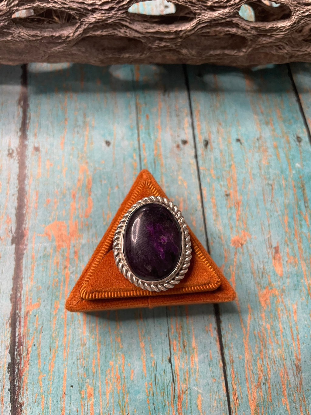 Old Pawn Handcrafted Sterling Silver & Charorite Ring Size 7.5