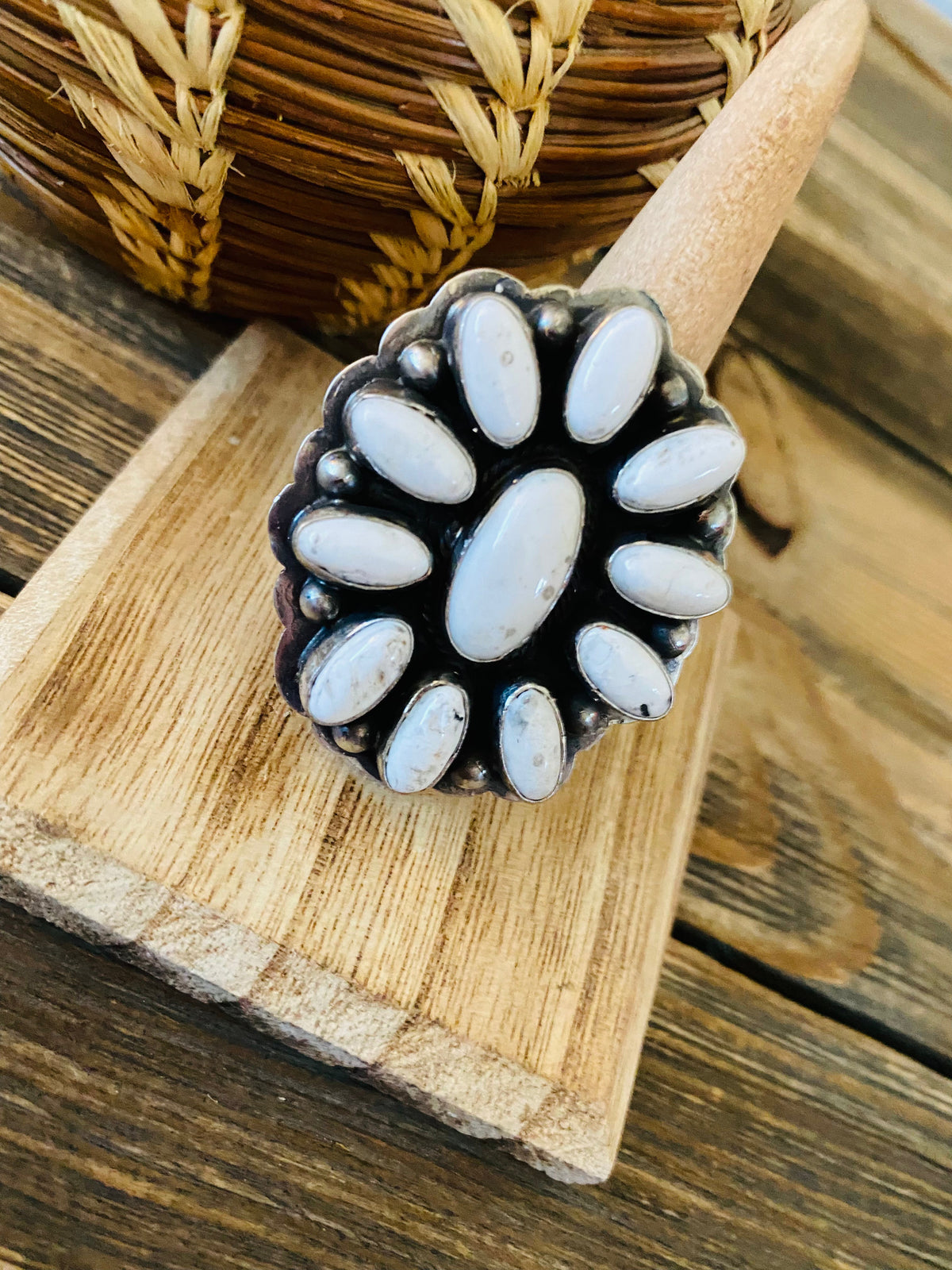 Handcrafted Sterling Silver And White Buffalo Cluster Adjustable Ring