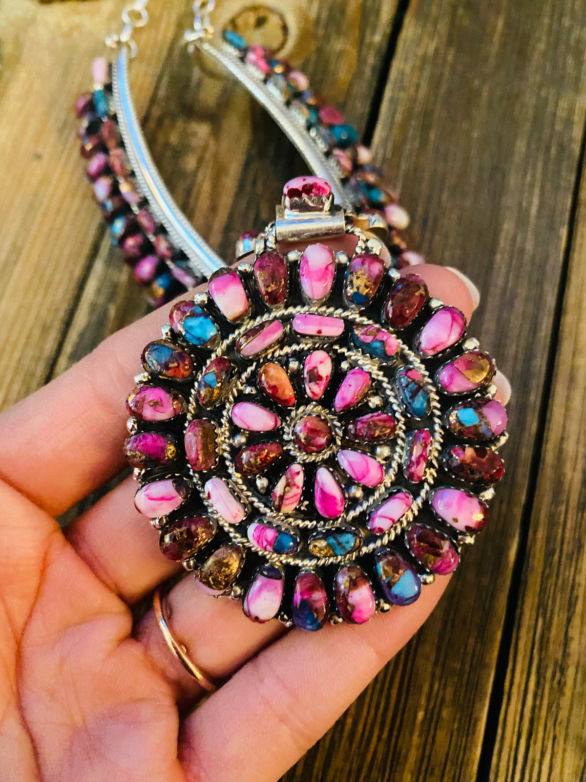Handcrafted Sterling Silver & Pink Dream Mohave Cluster Necklace by Juliana Williams