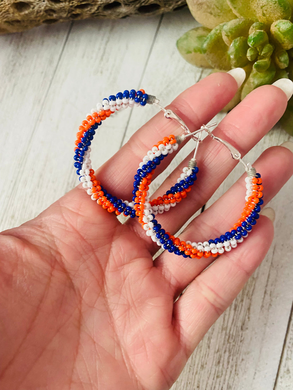Handcrafted Handmade Beaded Hoop Earrings- red, white, blue