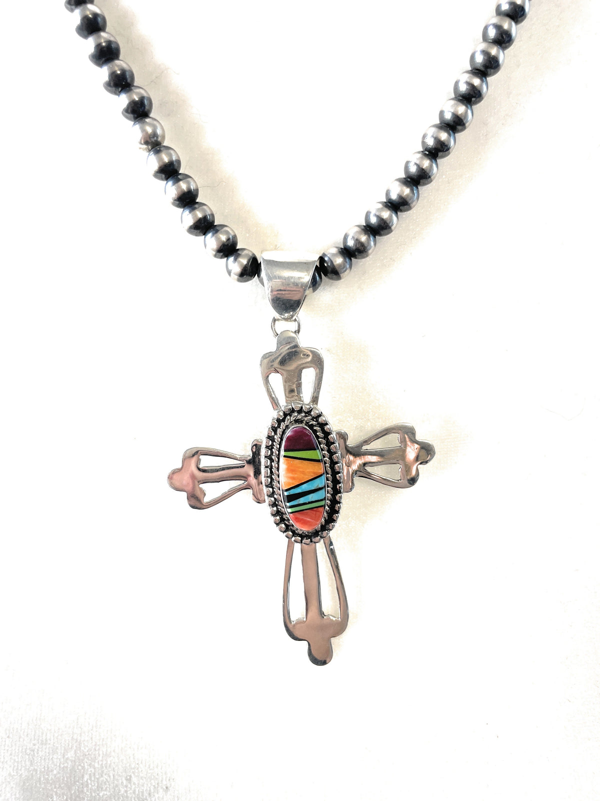 Handcrafted Multi Stone Inlay & Sterling Silver Cross Pendant Signed