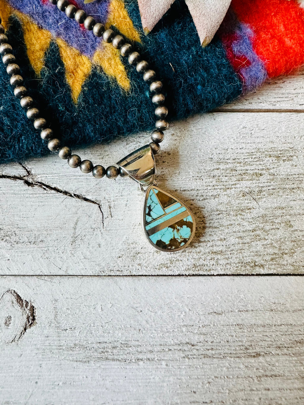 Handcrafted Number 8 Turquoise & Sterling Silver Teardrop Inlay Pendant