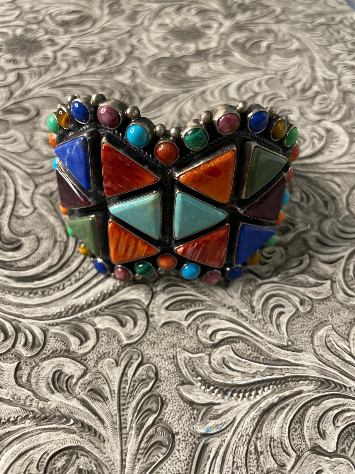 Anthony Skeets Handcrafted Multi Stone & Sterling Silver Cuff Bracelet Signed