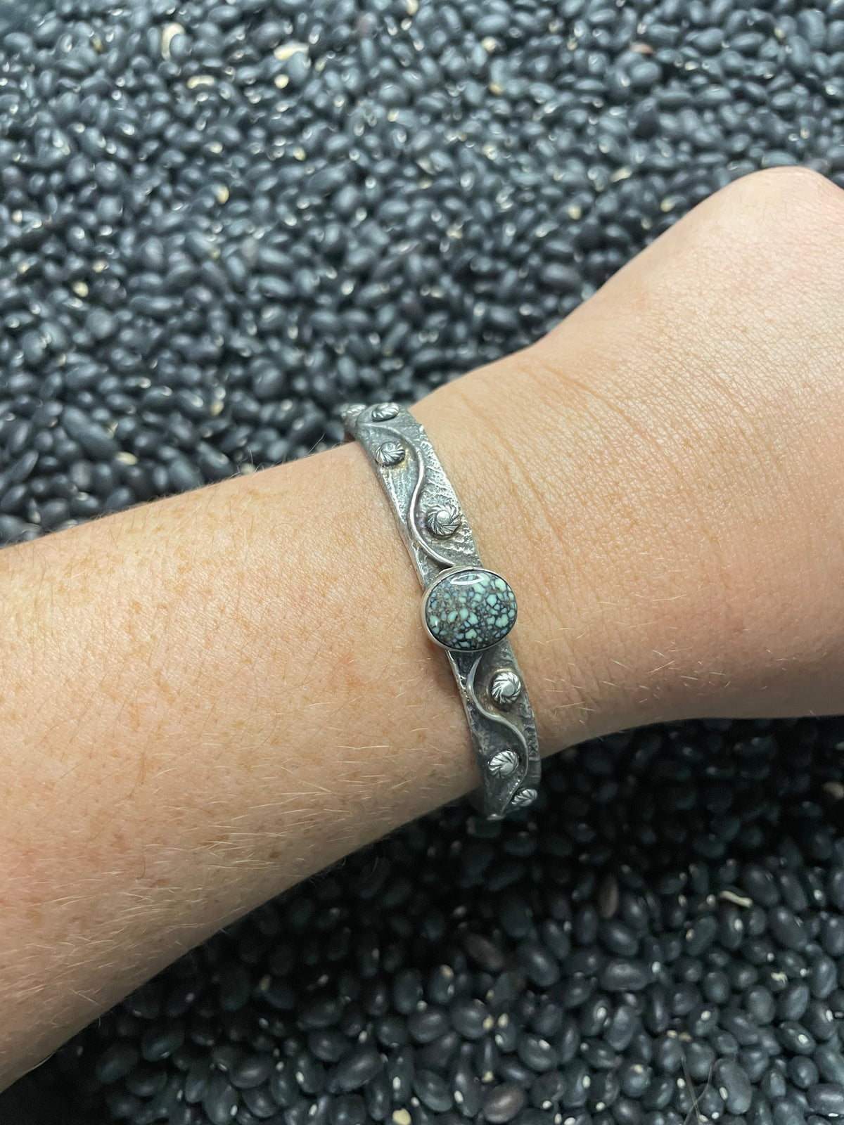 Handcrafted New Lander Turquoise & Sterling Silver Tufa Cast Cuff Bracelet Signed