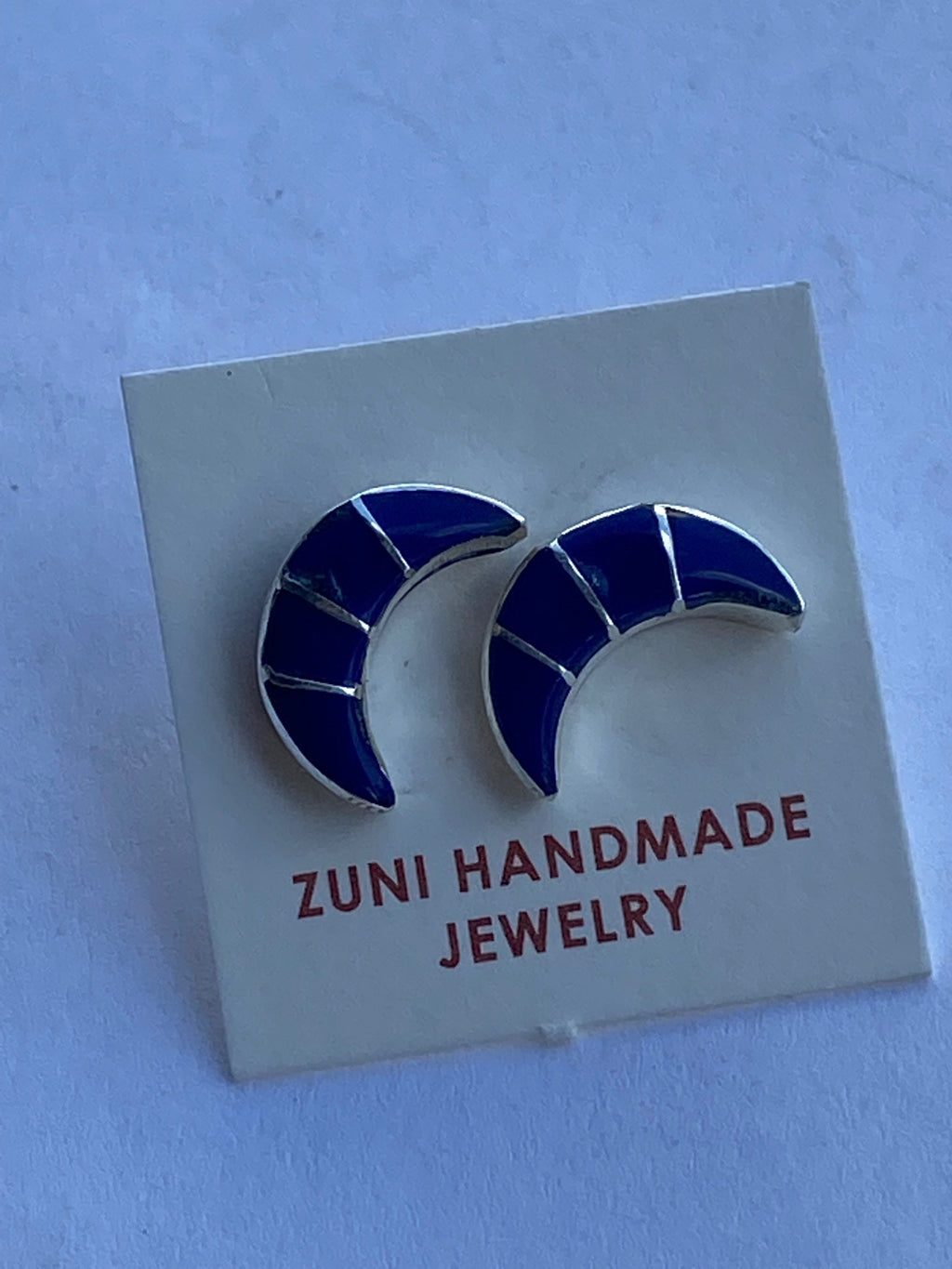 Handcrafted Sterling Silver & Lapis Inlay Moon Stud Earrings