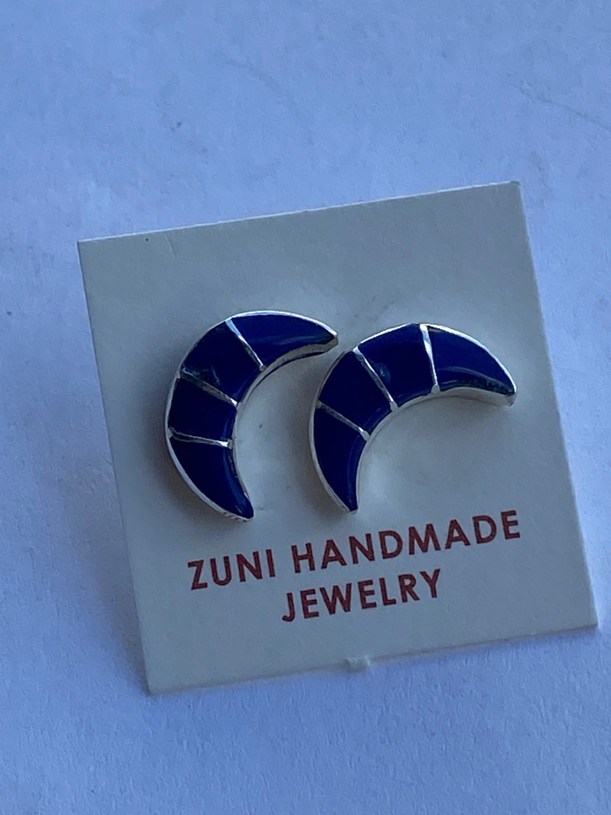 Handcrafted Sterling Silver & Lapis Inlay Moon Stud Earrings