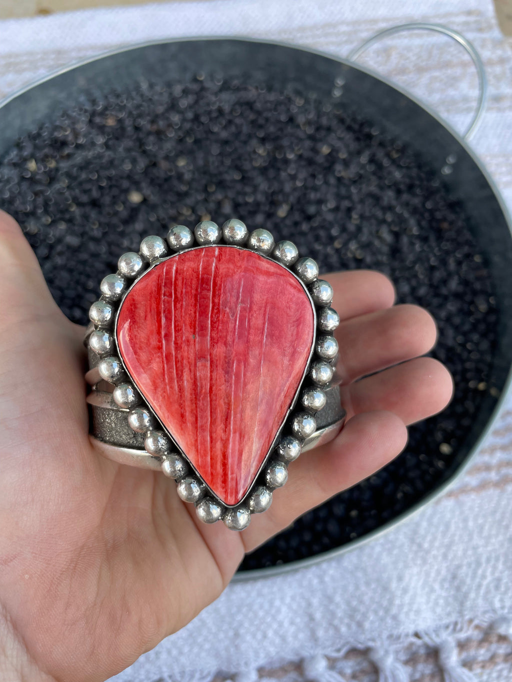Handcrafted Orange Spiny And Sterling Silver Cuff Bracelet