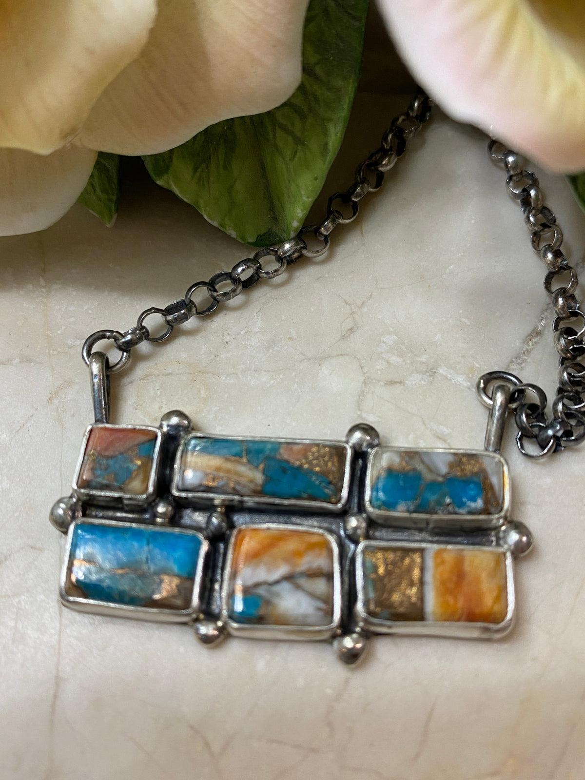 Handcrafted Sterling Silver & Multi Stone Spice Necklace Signed