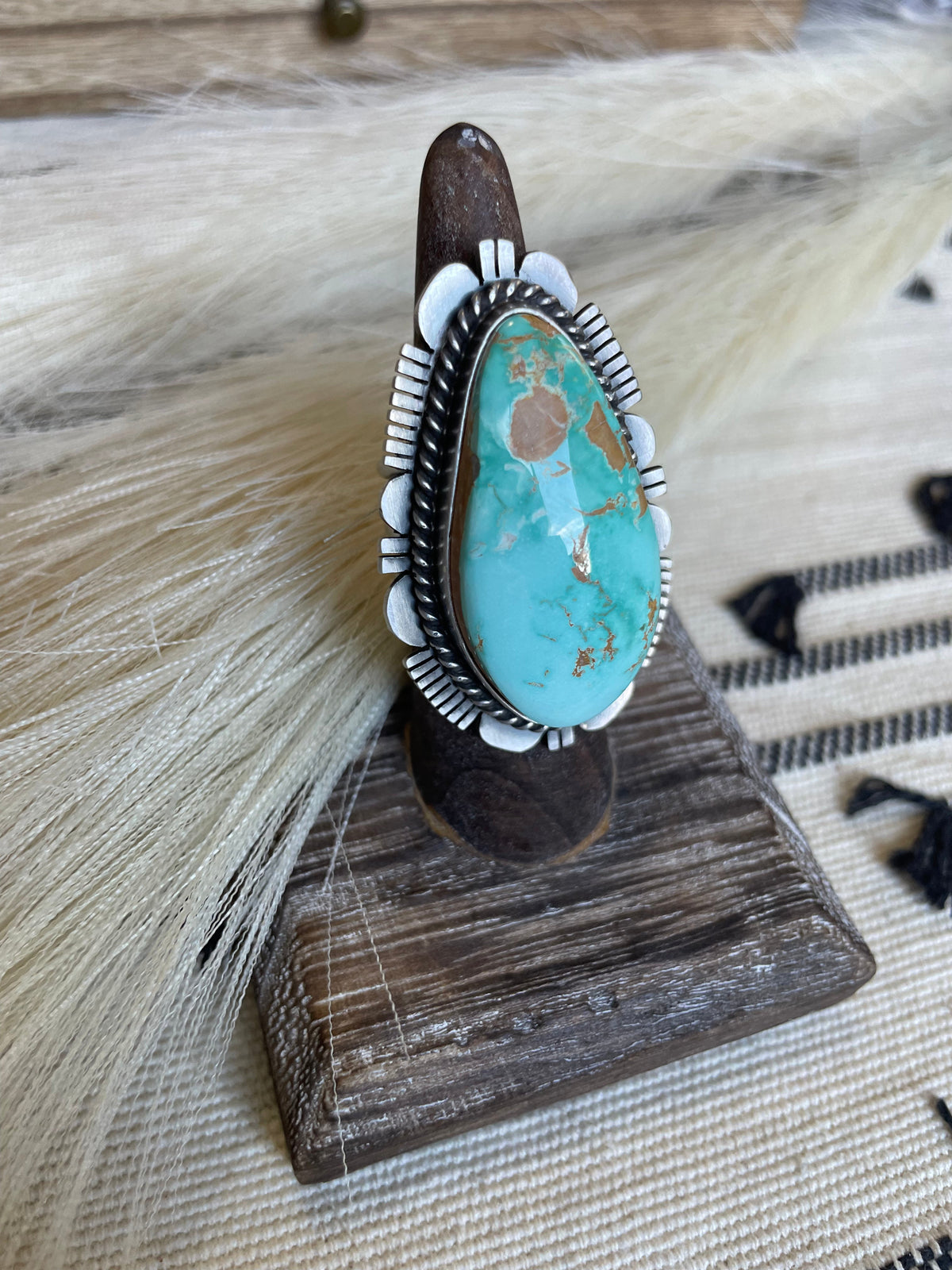 Handcrafted Turquoise & Sterling Silver Ring Size 7 Signed Russell Sam