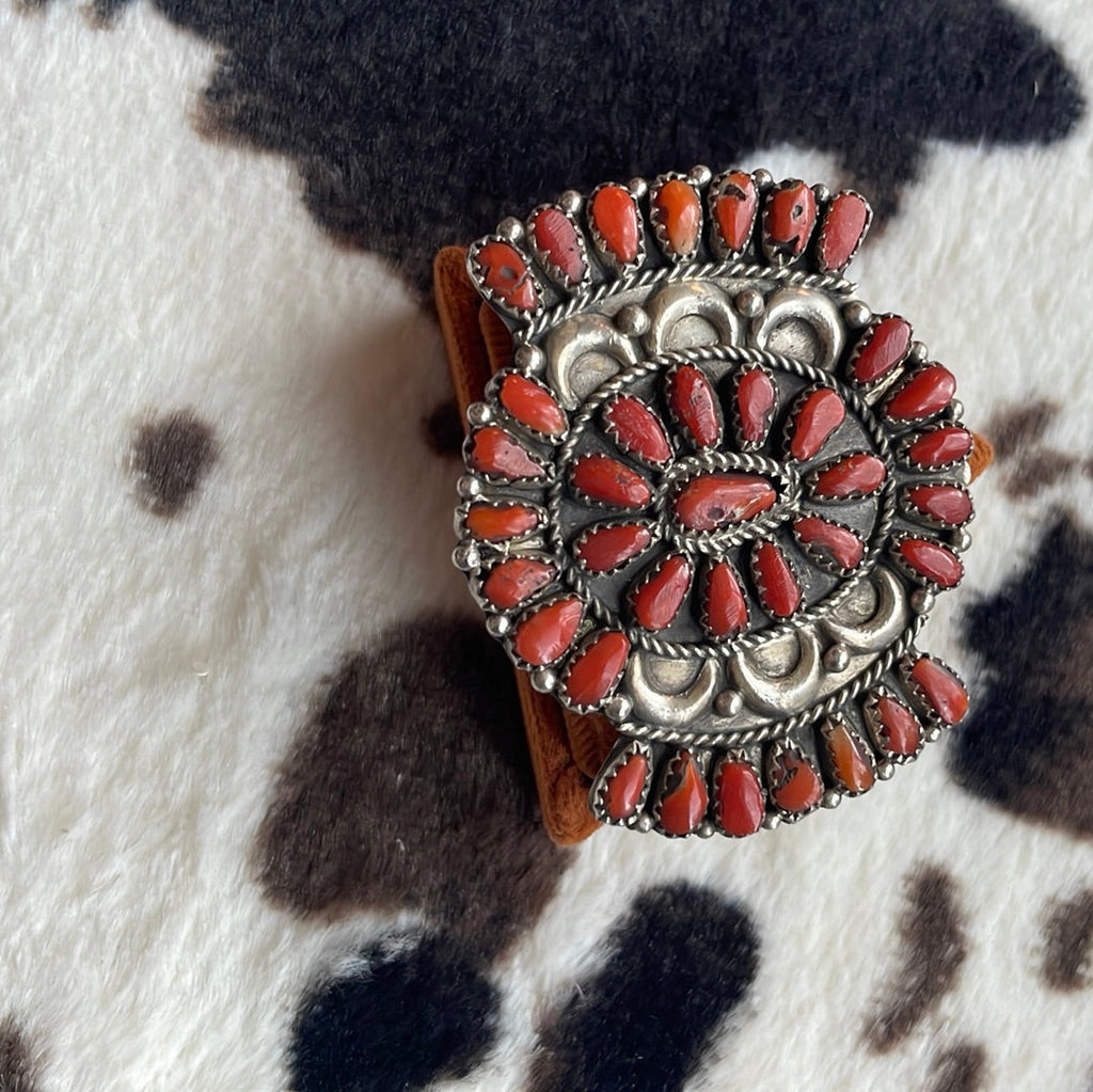 Handcrafted  Coral & Sterling Silver Ring Size 8 Signed
