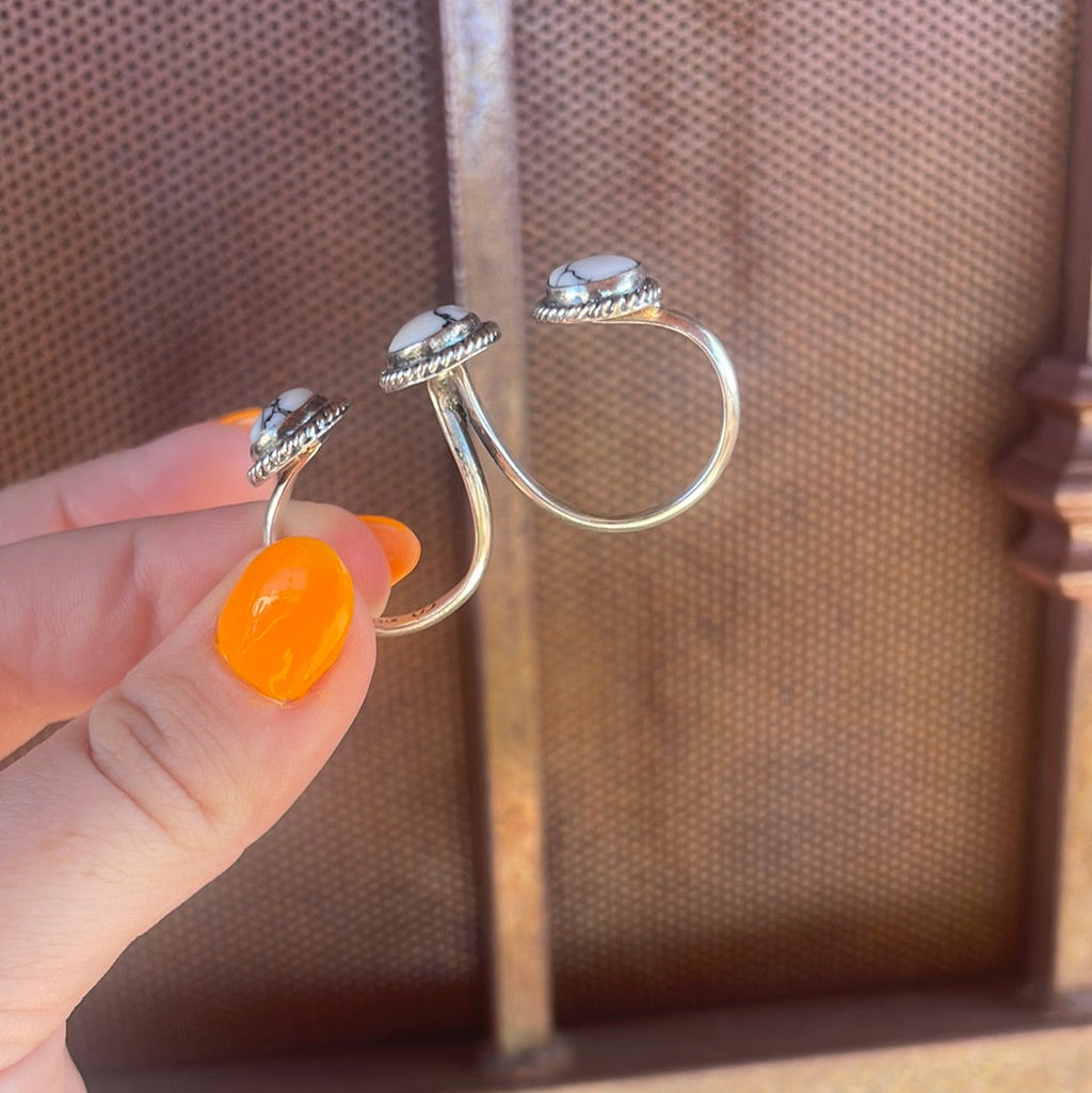 Handcrafted Sterling Silver White Buffalo Adjustable Triple Threat Ring Signed