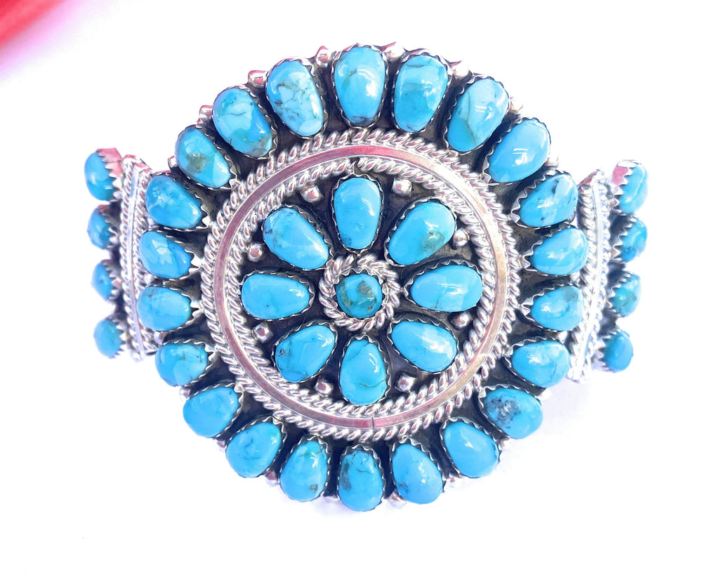 Handcrafted Kingman Turquoise & Sterling Silver Cluster Bracelet Cuff