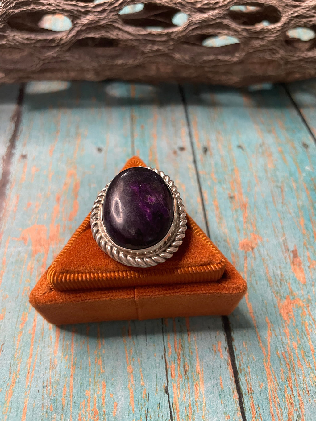 Old Pawn Handcrafted Sterling Silver & Charorite Ring Size 7.5