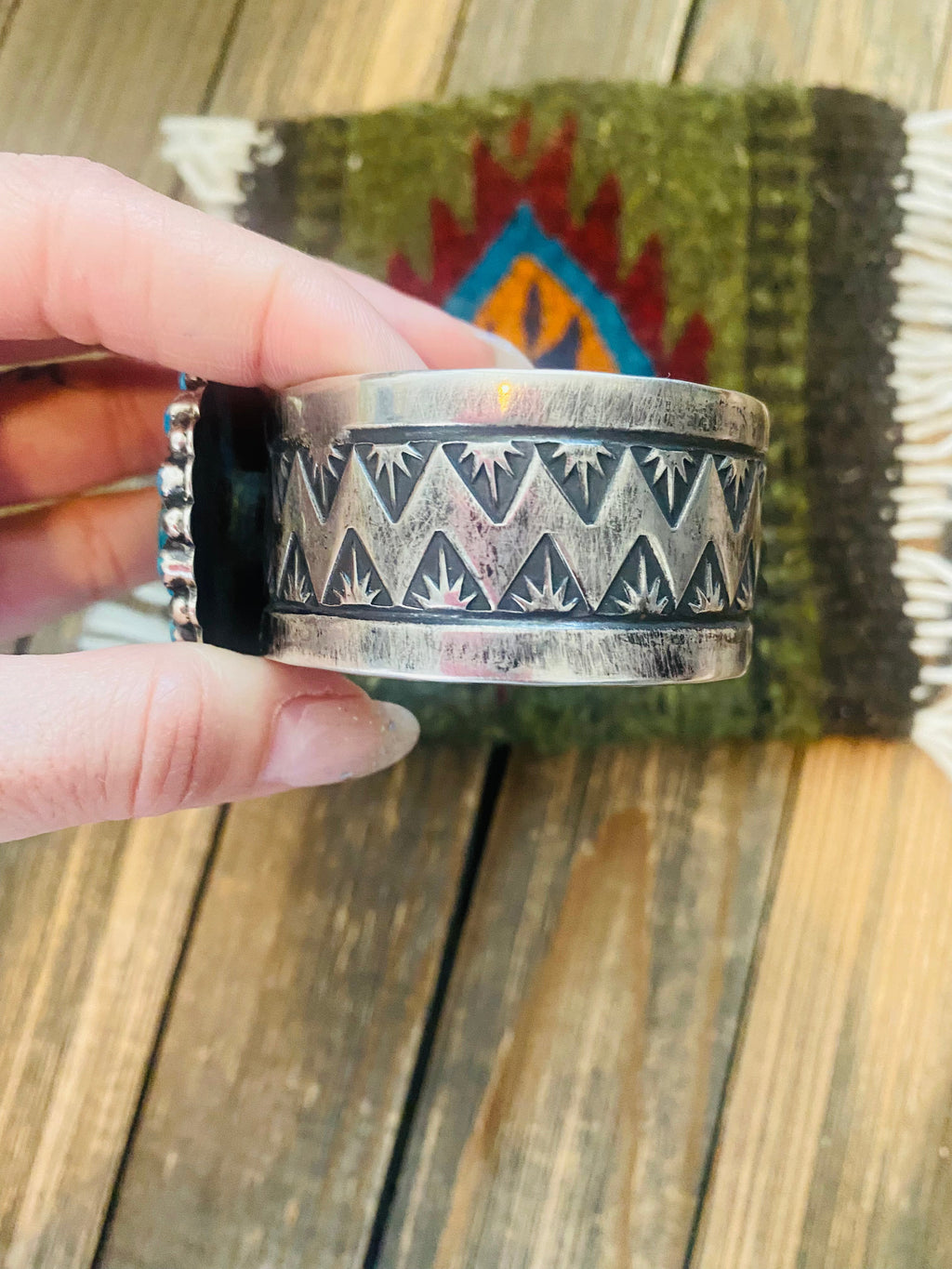Handcrafted Kingman Turquoise And Sterling Silver Cluster Cuff Adjustable Bracelet /