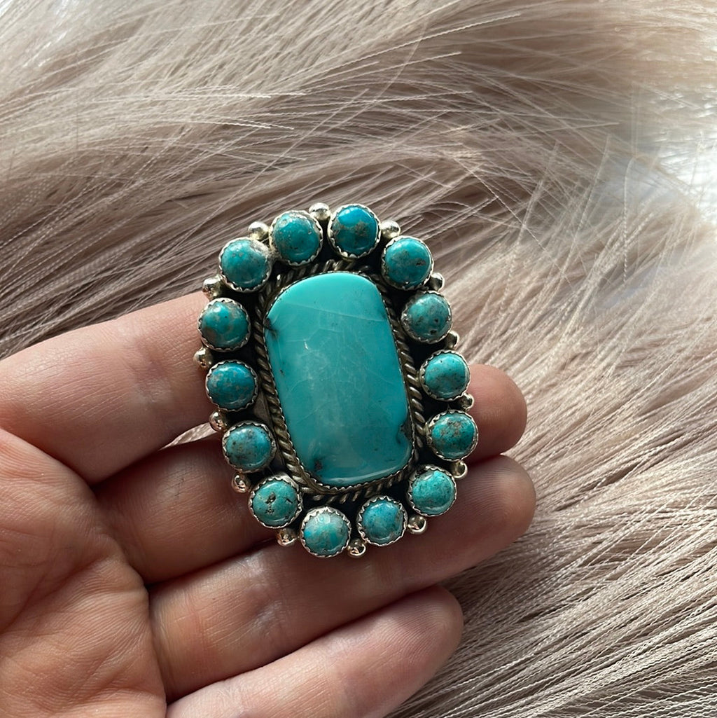 Handcrafted Turquoise & Sterling Silver Ring Size 8.5 Signed Robert Shakey