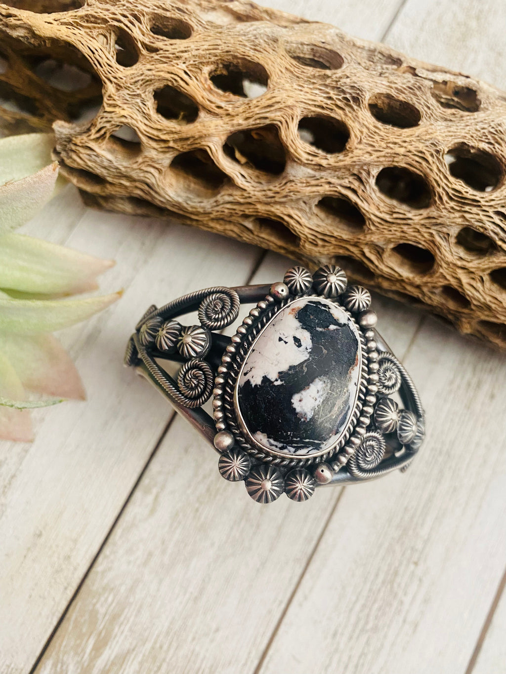 White Buffalo & Sterling Silver Cuff Bracelet Signed /