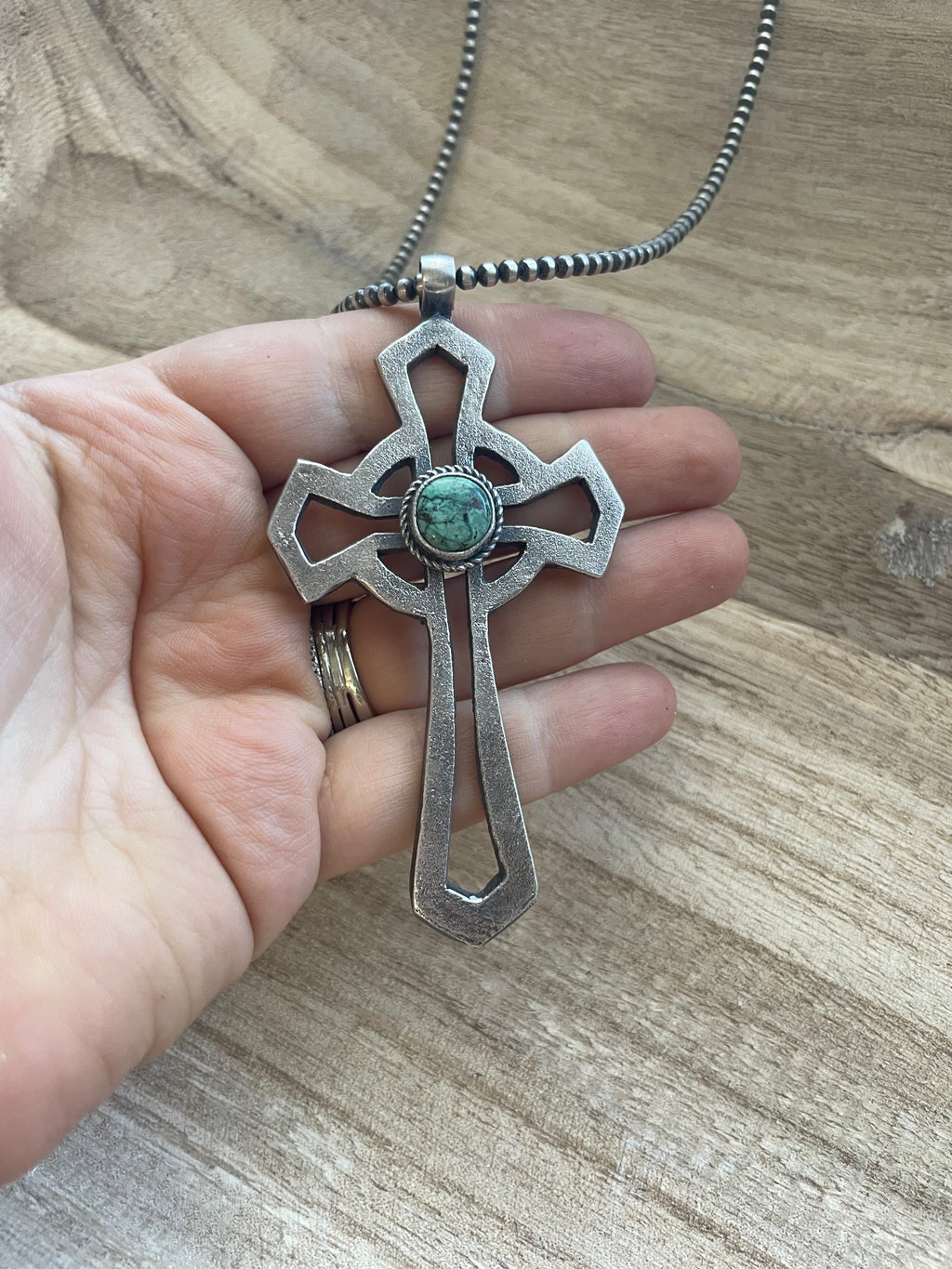 Handcrafted Sterling Silver & Turquoise Cross Pendant Signed Eugene Mitchell