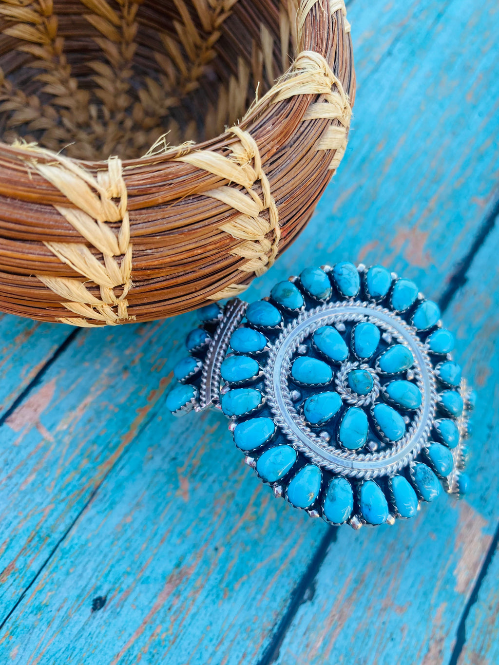 Handcrafted Kingman Turquoise & Sterling Silver Cluster Bracelet Cuff