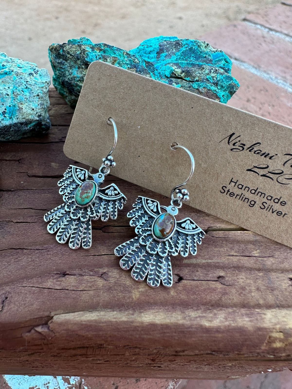 Handmade Royston Turquoise & Sterling Silver Thunderbird Dangle Earrings