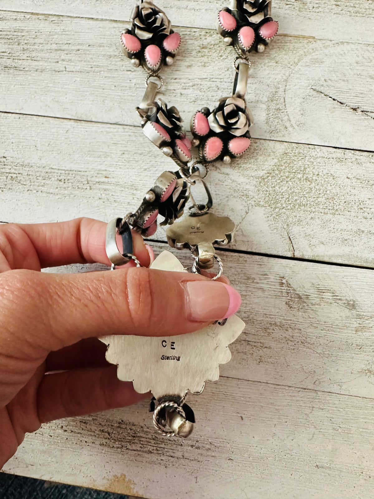 Handcrafted Sterling Silver & Queen Pink Conch Shell Flower Necklace