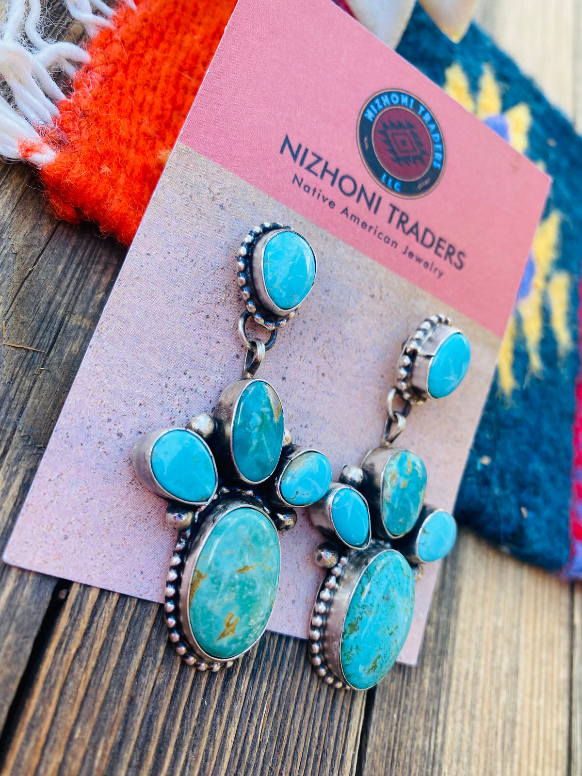 Handcrafted Multi Turquoise & Sterling Silver Cluster Dangle Earrings
