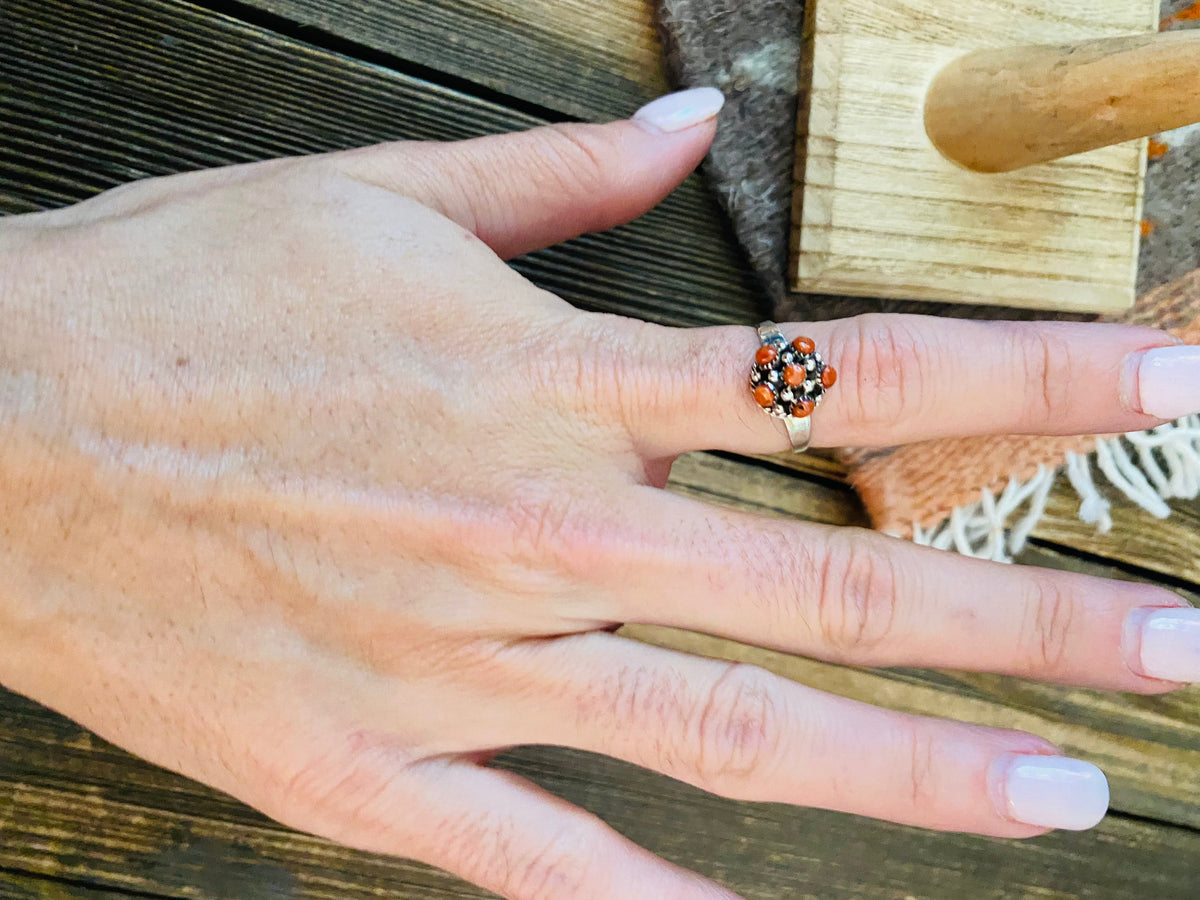 Handcrafted Sterling Silver & Red Coral Petit Point Ring
