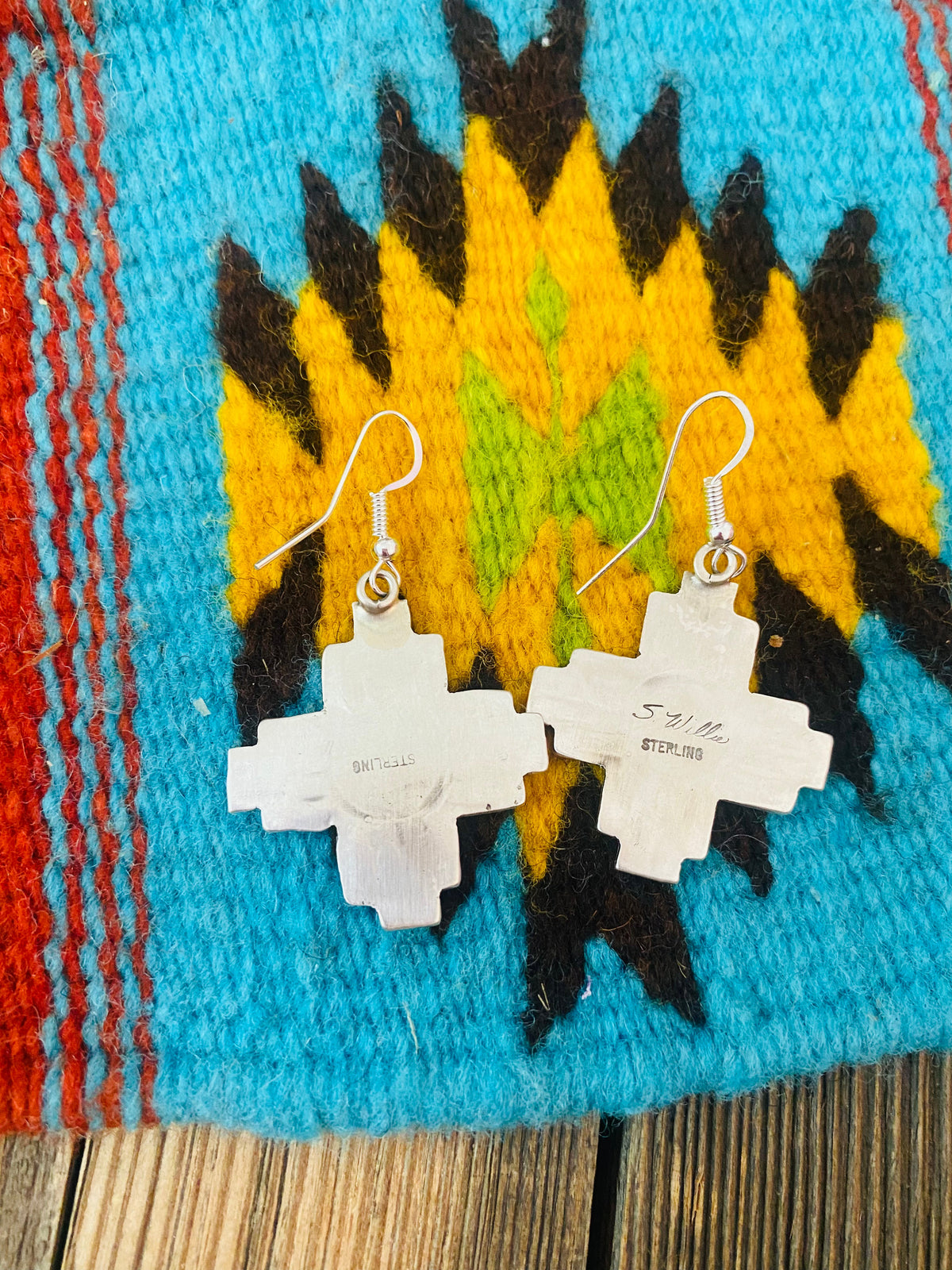 Handcrafted Hand Stamped Sterling Silver Zia Cross Dangle Earrings Signed