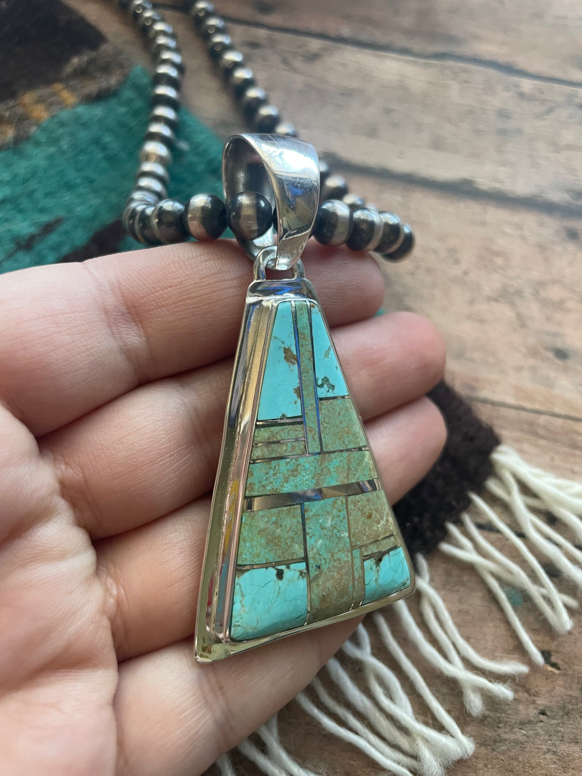 Handcrafted Number 8 Turquoise Inlay & Sterling Silver Triangle Pendant