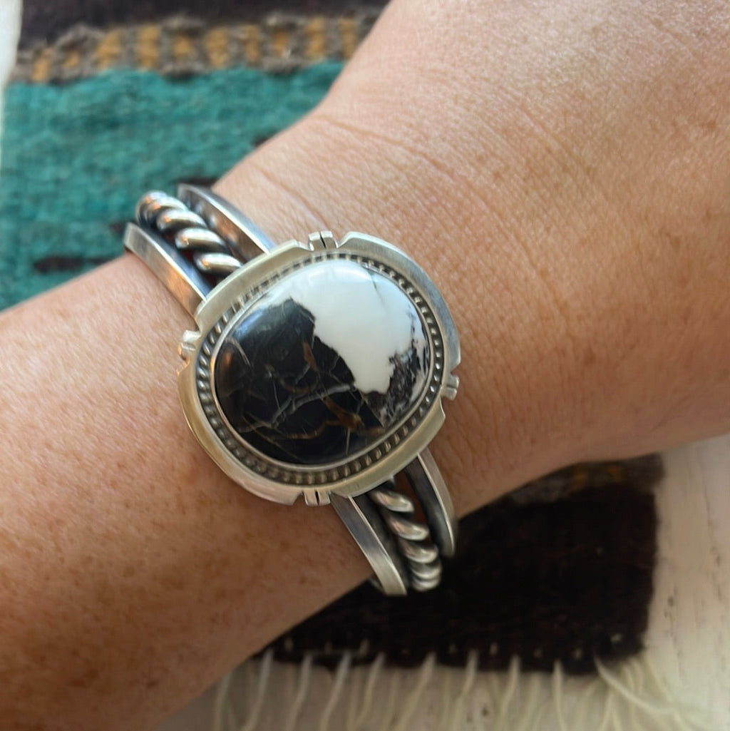 Beautiful Handcrafted White Buffalo & Sterling Silver Cuff Bracelet Signed