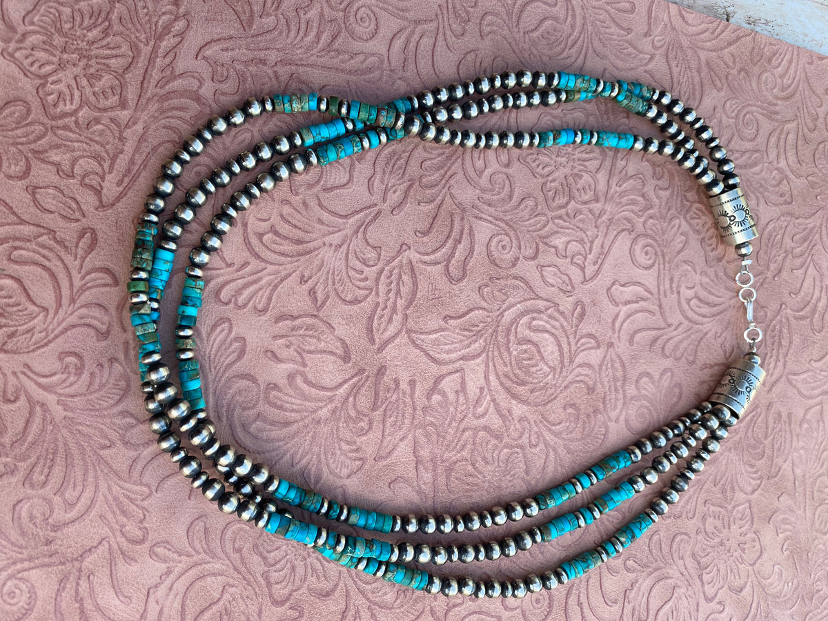 Handcrafted 3 Strand Kingman Turquoise & Sterling Beaded 18 inches