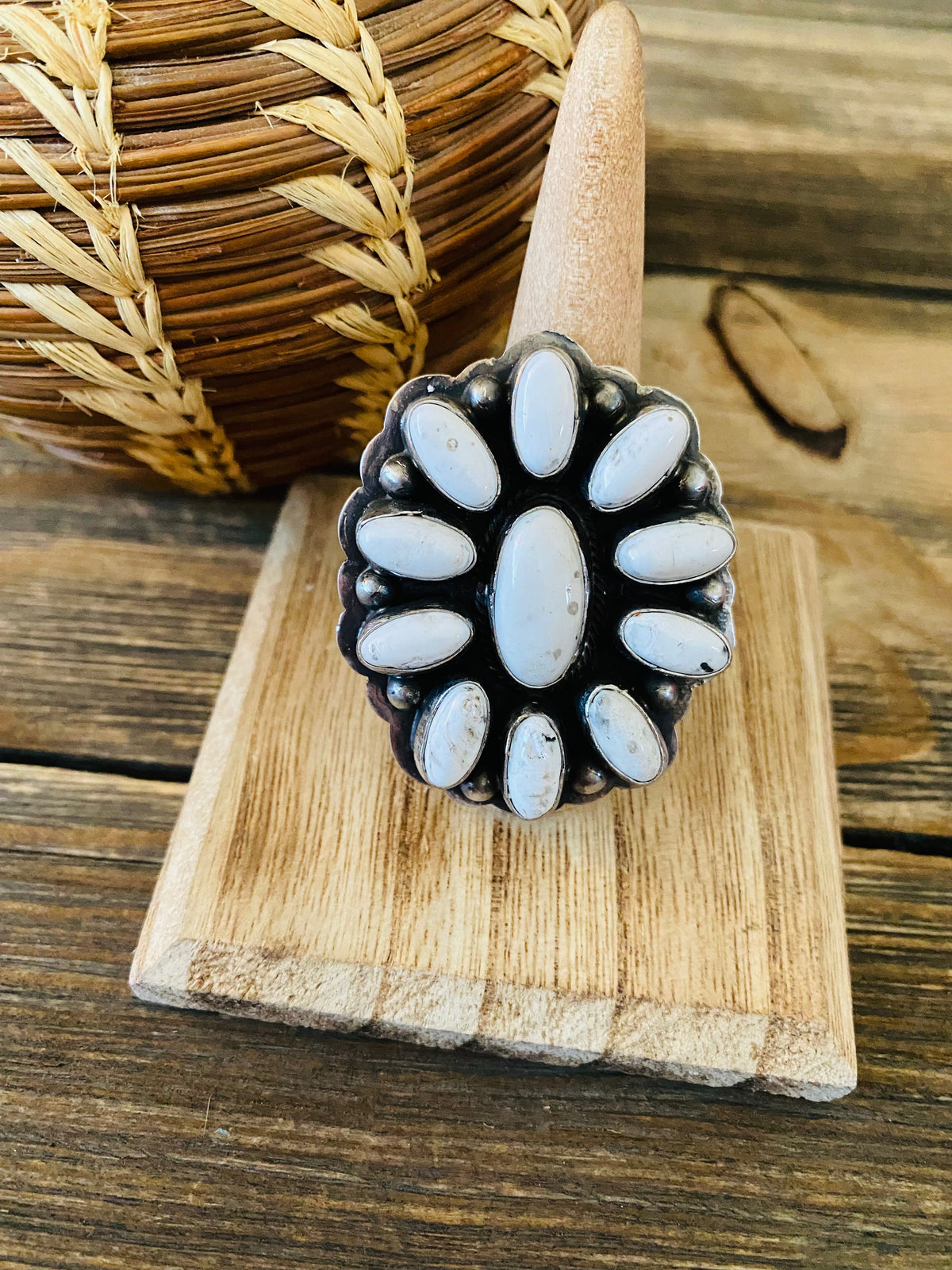 Handcrafted Sterling Silver And White Buffalo Cluster Adjustable Ring