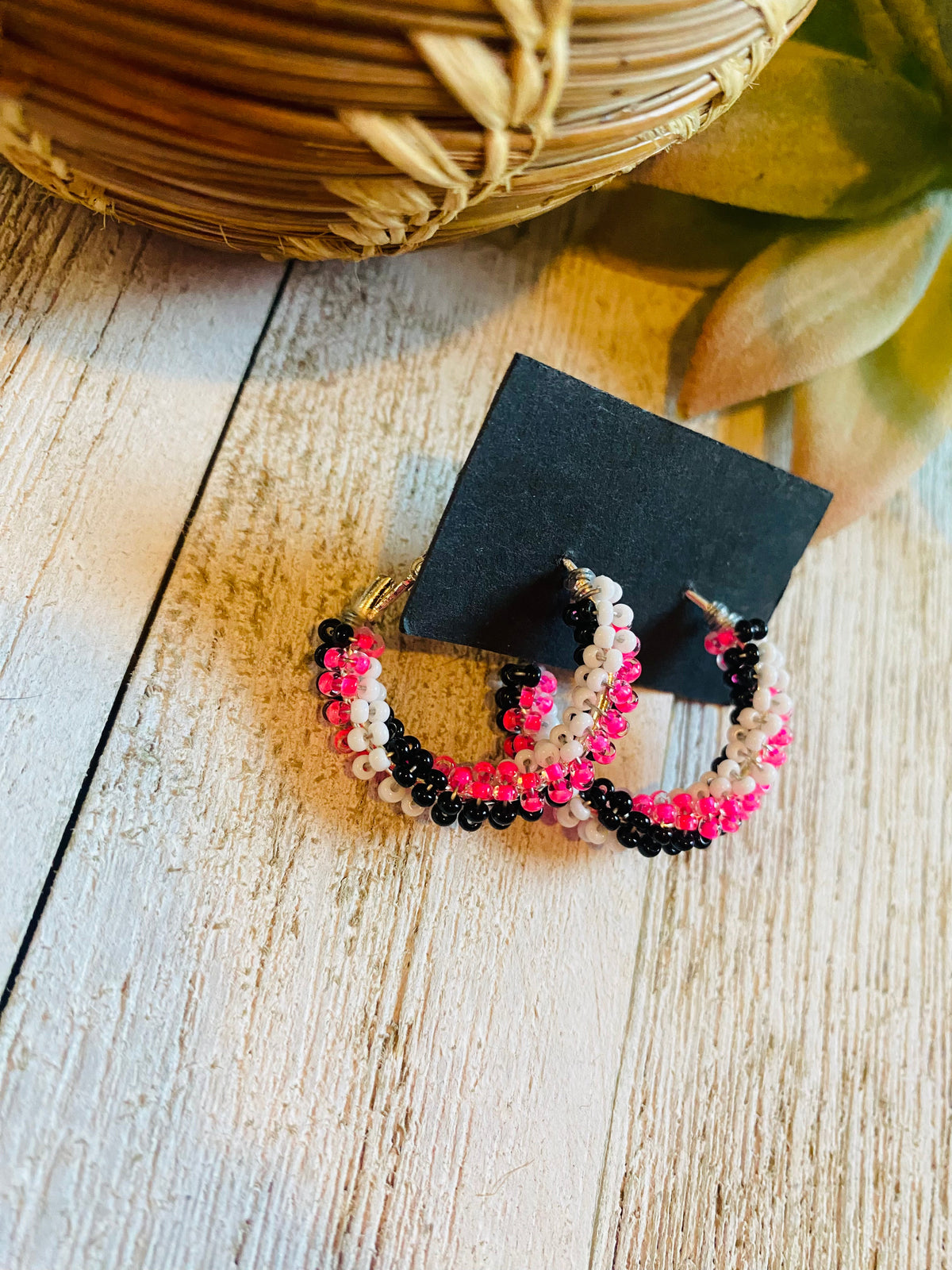 Handcrafted Handmade Beaded Hoop Earrings- pink