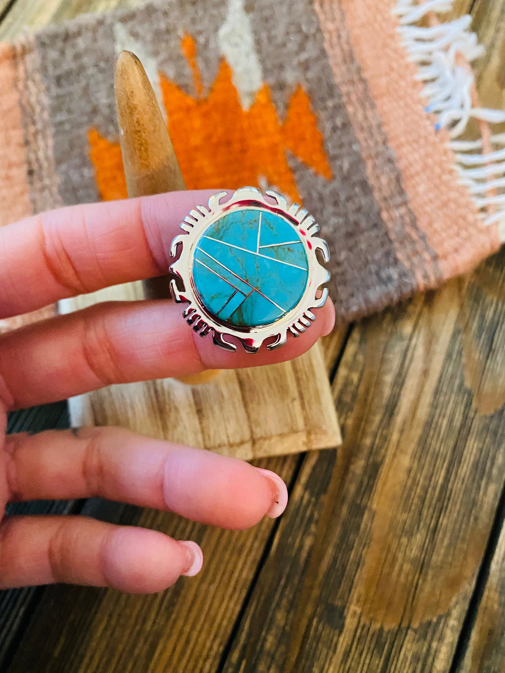 Handcrafted Sterling Silver & Turquoise Inlay Ring Size 6.5