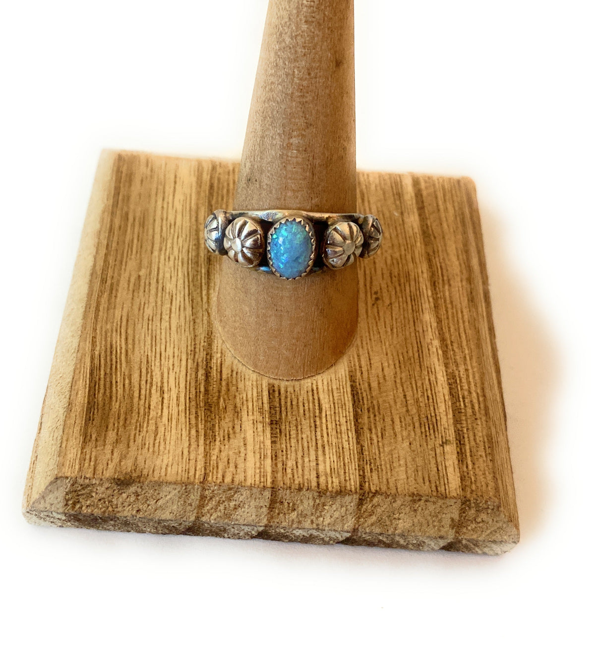Handcrafted Blue Opal and Sterling Silver Concho Band Ring