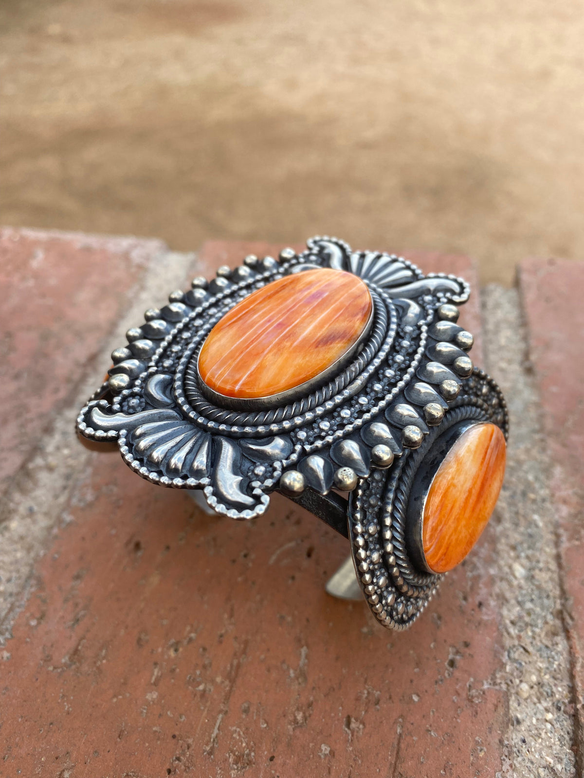 Beautiful Handcrafted Orange Spiny & Sterling Silver Cuff Bracelet Signed