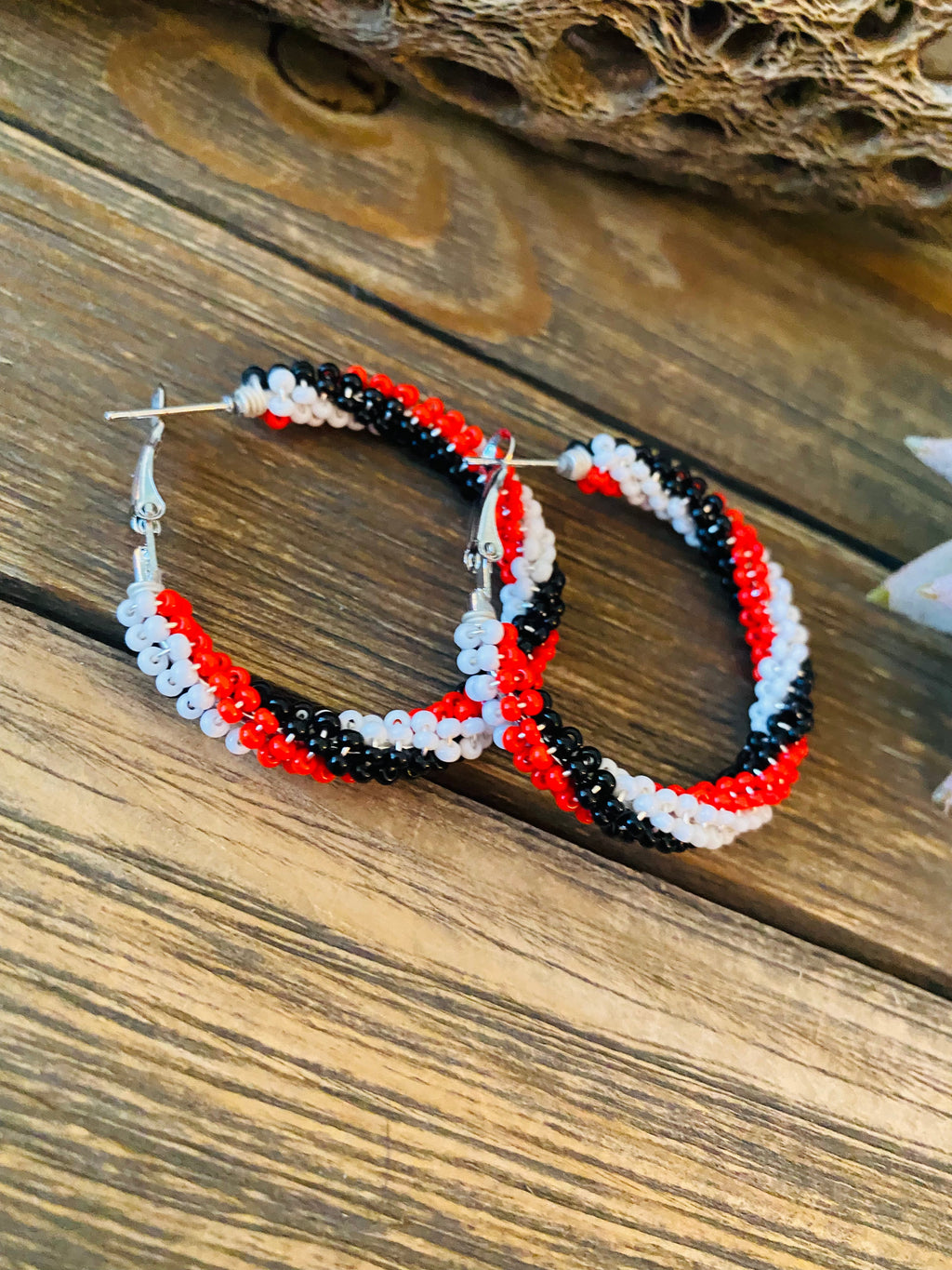 Handcrafted Handmade Beaded Hoop Earrings- red, black
