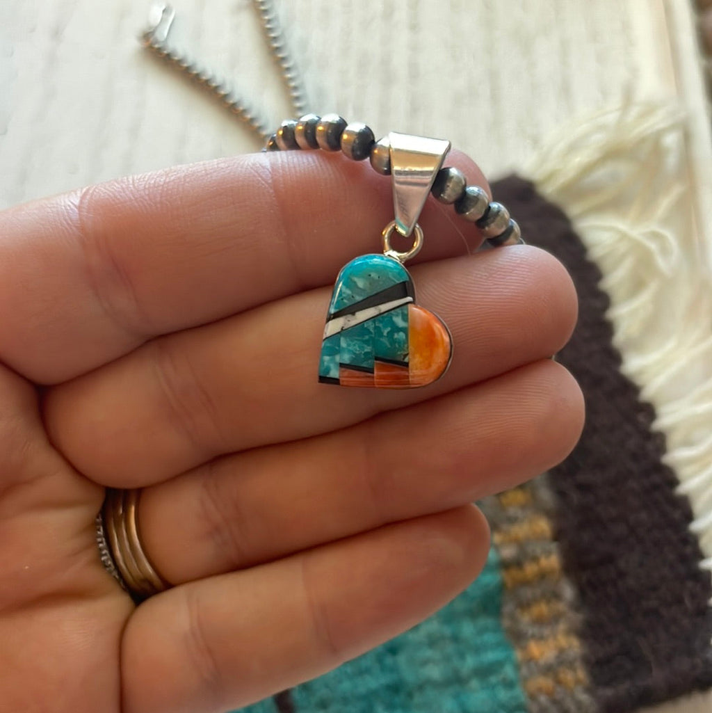 Handcrafted Sterling Silver & Turquoise Inlay Heart Pendant Signed