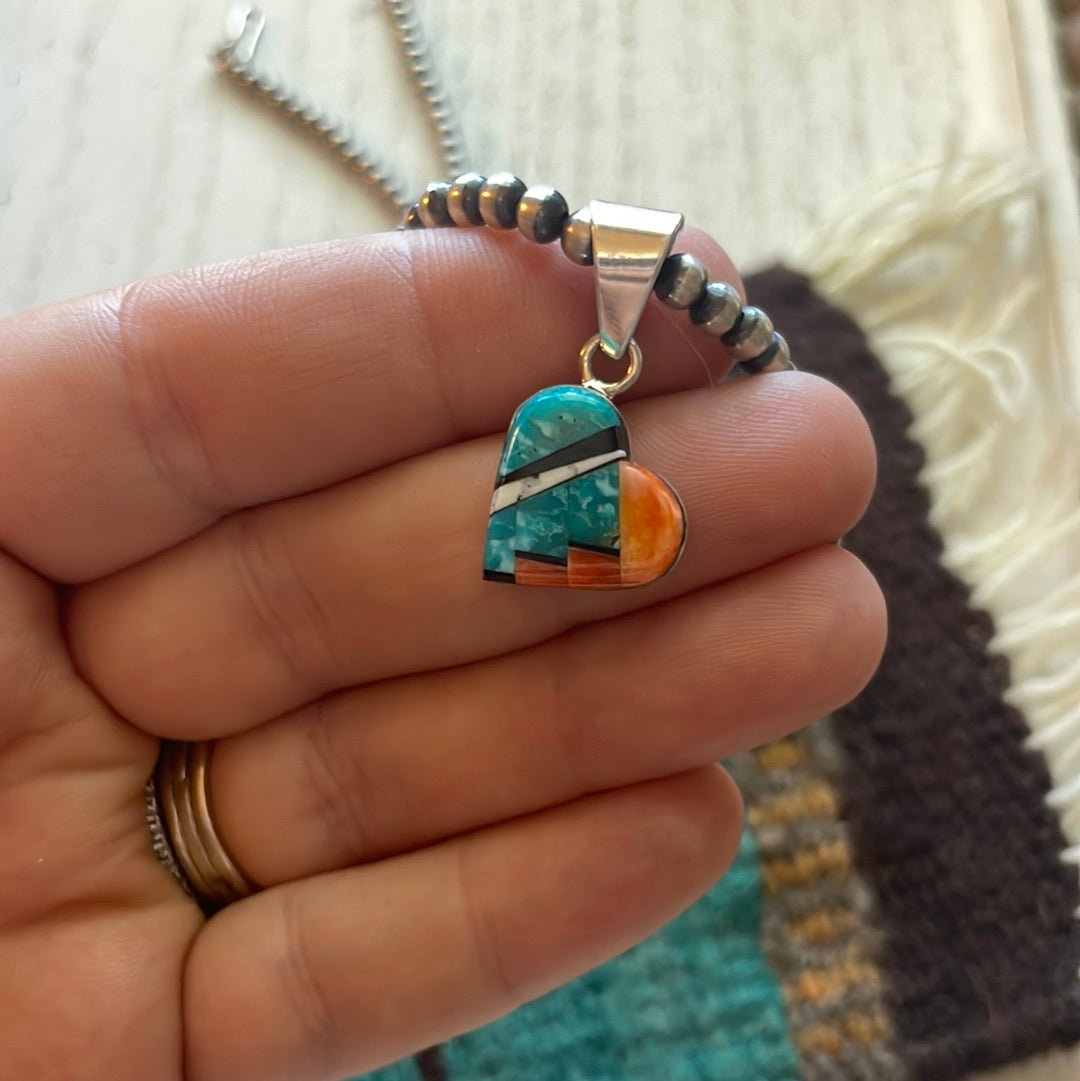 Handcrafted Sterling Silver & Turquoise Inlay Heart Pendant Signed