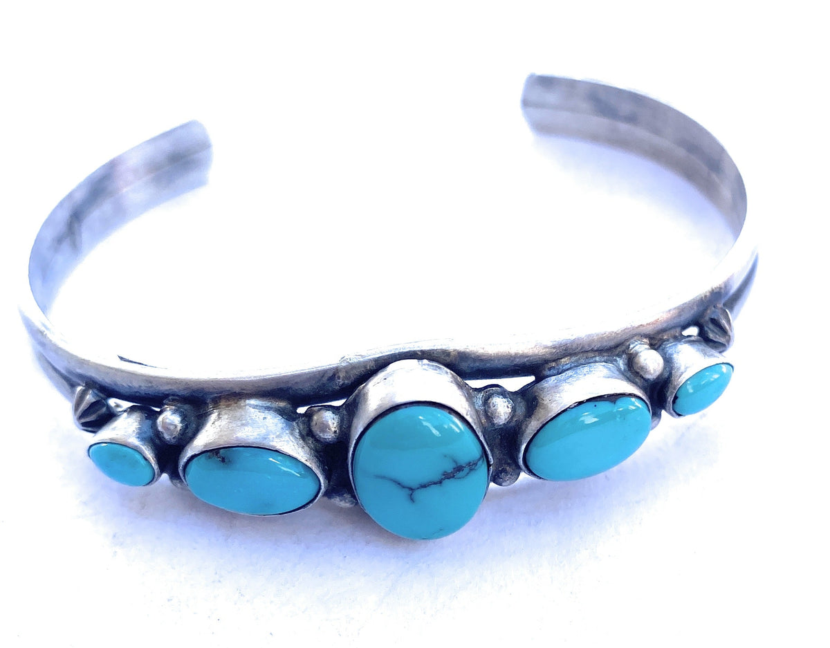 Handcrafted Vintage Turquoise & Sterling Silver Five Stone Cuff Bracelet Signed /