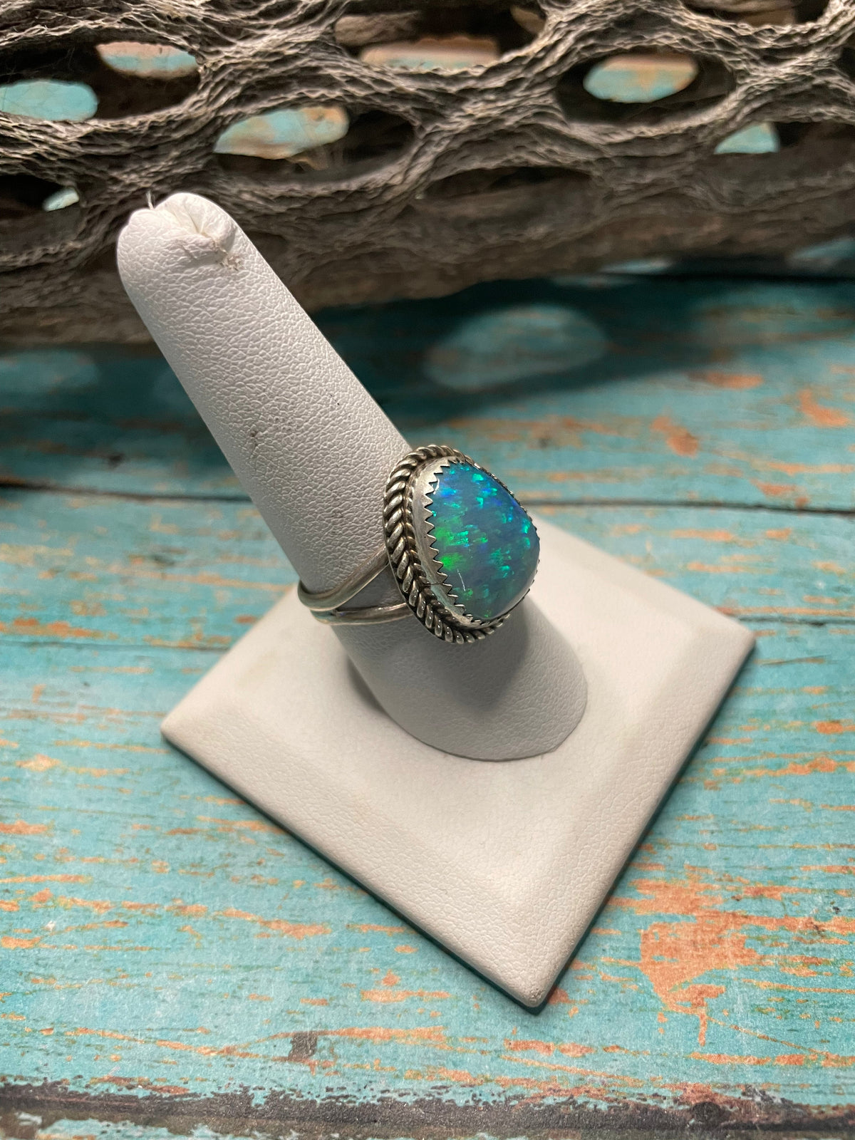 Handcrafted Man Made Sterling Silver & Opal Ring